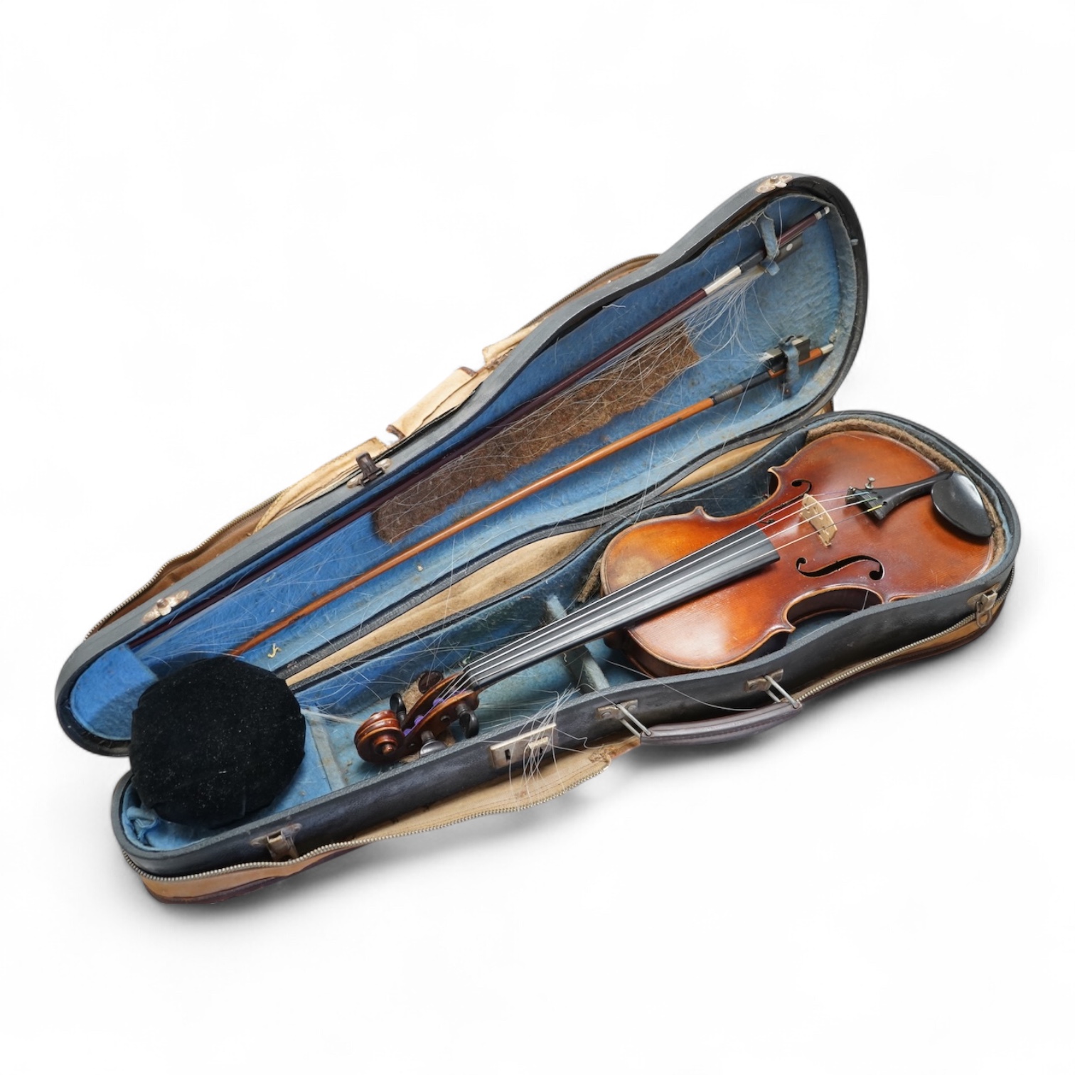 An early 20th century cased violin and cover, 60cm long